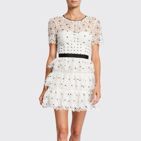 White Black Corset Hibiscus Floral Lace Guipure Tiered Mini Dress Size Small - Picture 2 of 15